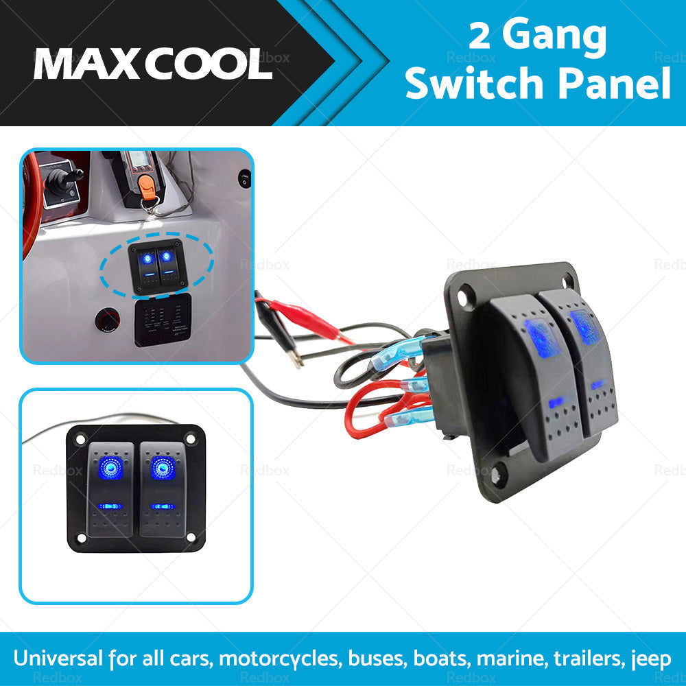 2 Gang Blue LED Light Rocker Switch Panel for Boat Car Waterproof