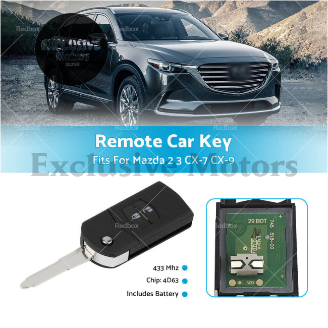 2 Button Remote Car Key w Chip for Mazda 2, 3, CX-7, CX-9