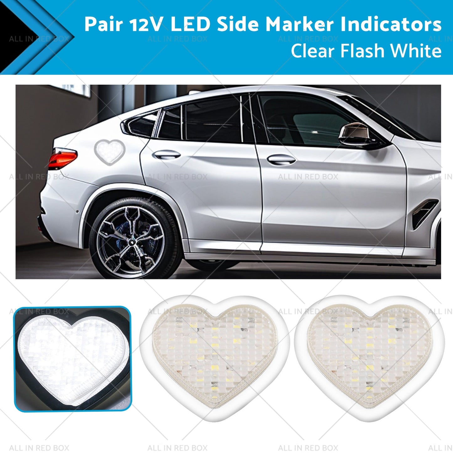 12V LED Side Marker Indicators Clear Flash White for Heart Pair
