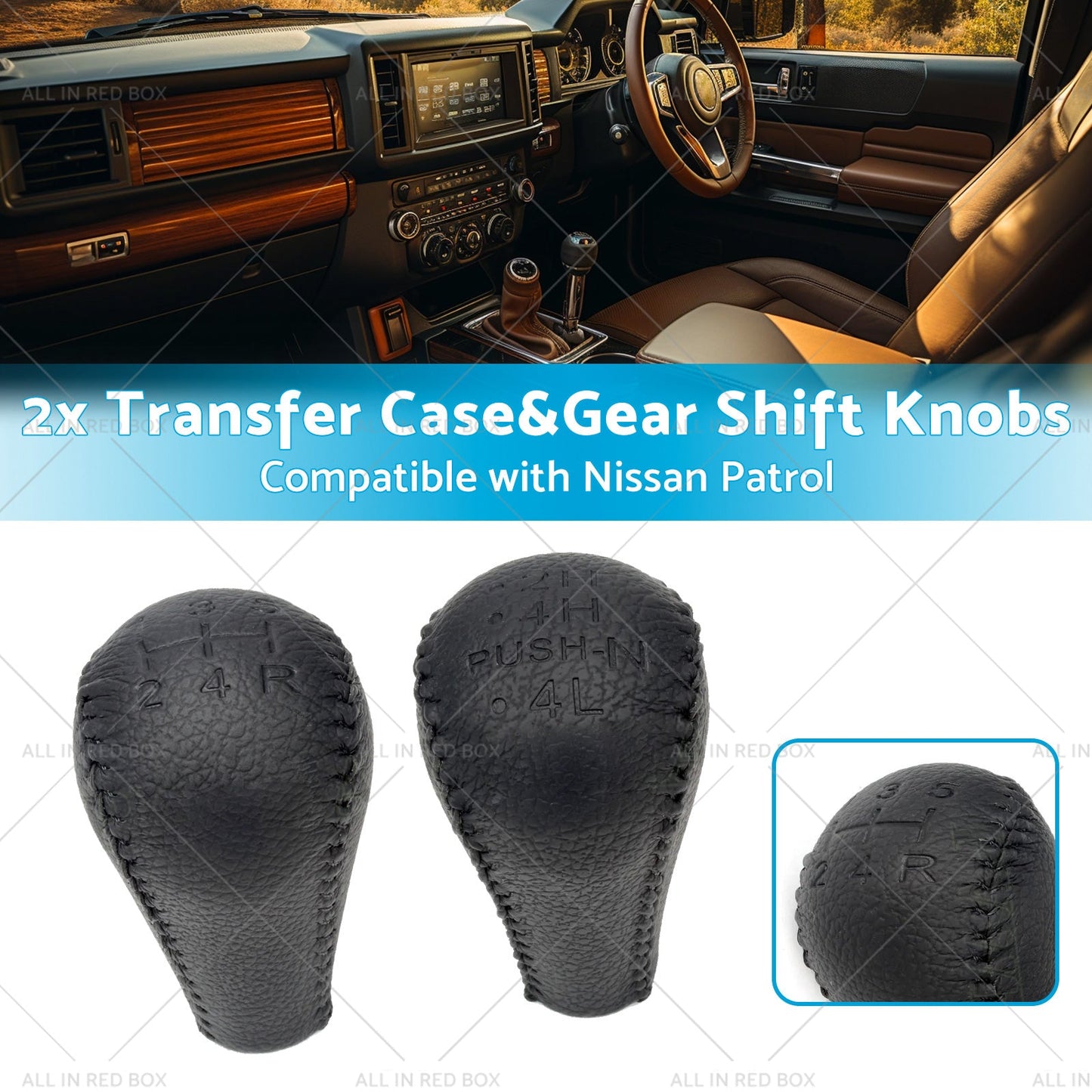 Black 2x Leather Transfer Case and Gear Shift Knobs Suitable for Nissan Patrol GQ GU-2