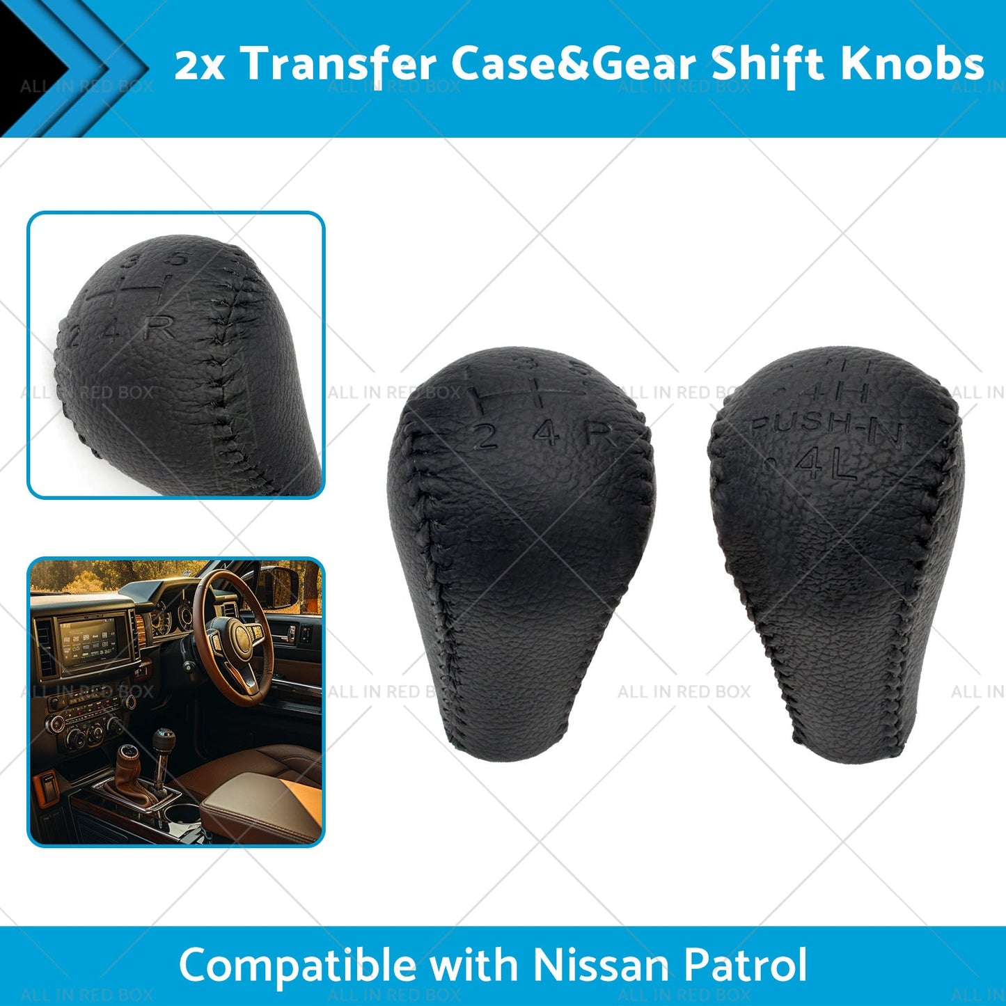 Black 2x Leather Transfer Case and Gear Shift Knobs Suitable for Nissan Patrol GQ GU-1