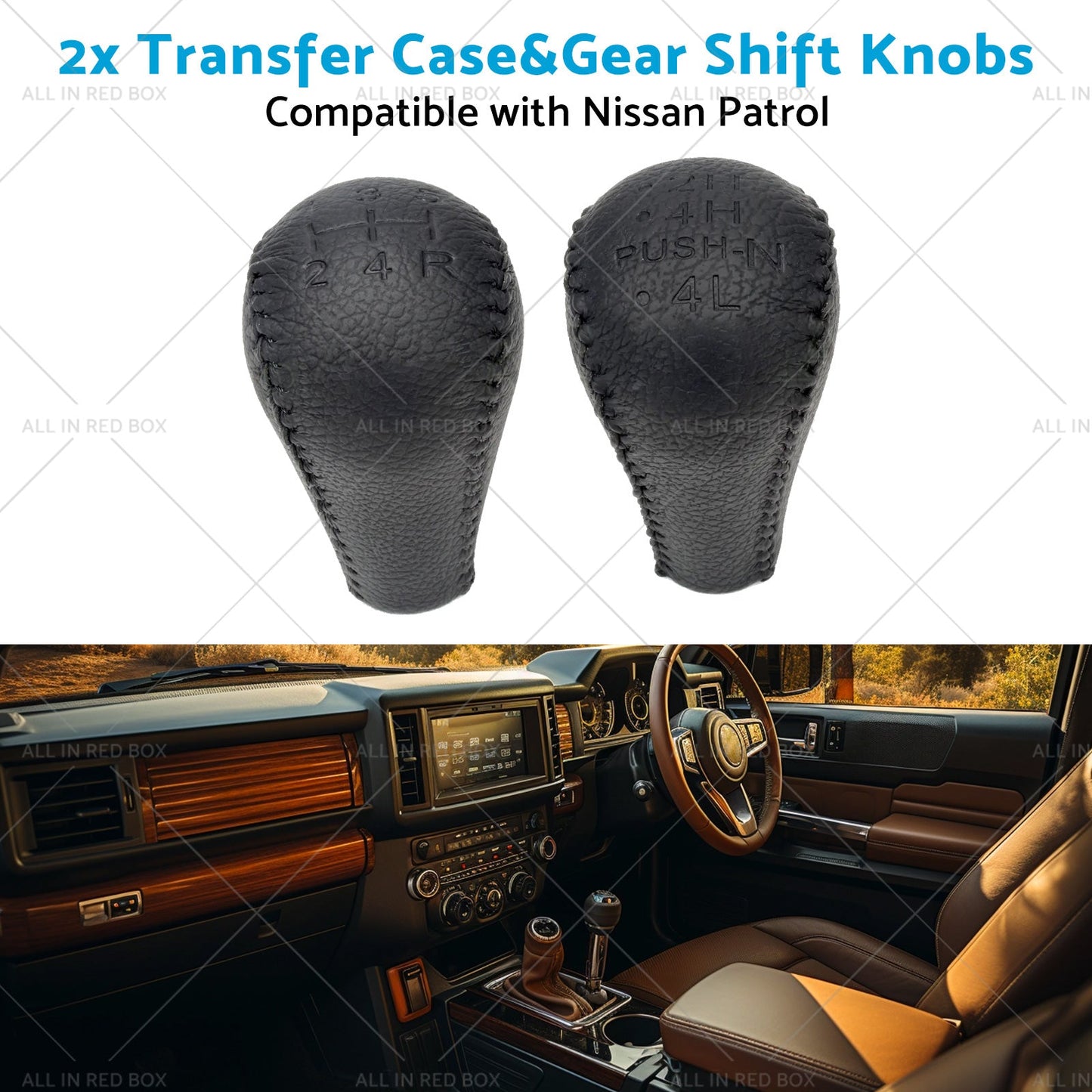 Black 2x Leather Transfer Case and Gear Shift Knobs Suitable for Nissan Patrol GQ GU-4