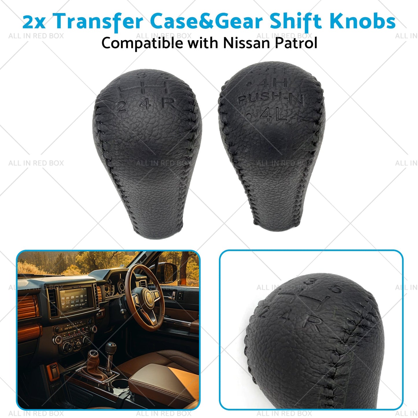 Black 2x Leather Transfer Case and Gear Shift Knobs Suitable for Nissan Patrol GQ GU-3