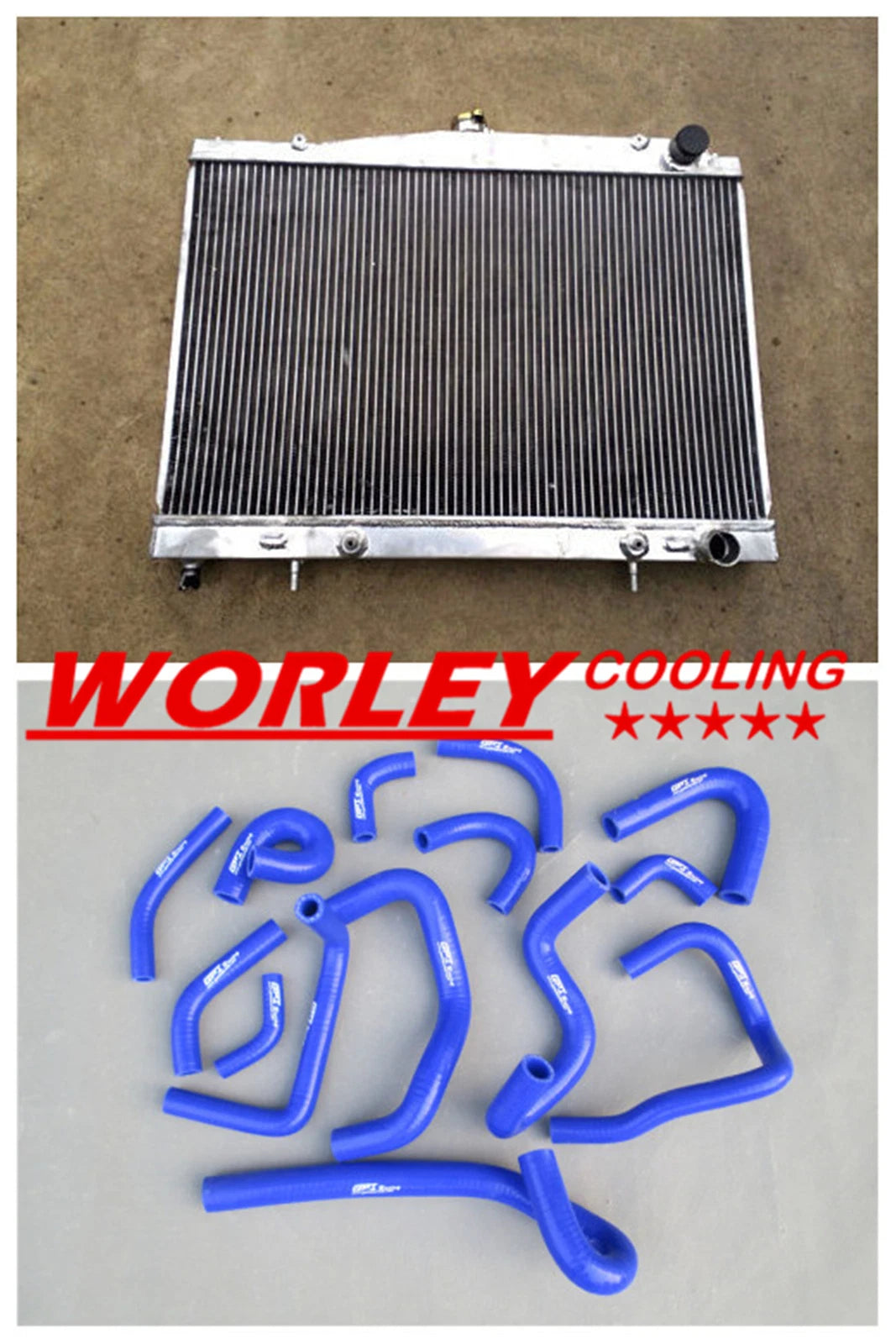 Aluminum Radiator + Blue Hose for Nissan R33 R34 GT GTT GTR (1995-2002)