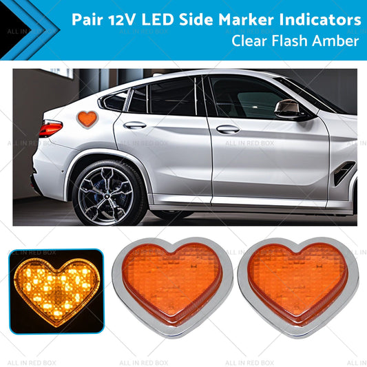 12V LED Side Marker Indicators Clear Flash Amber for Heart Pair