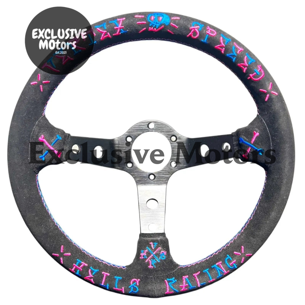 13" (320mm) VX Speed Racing Suede Pink Blue Stitch Steering Wheel