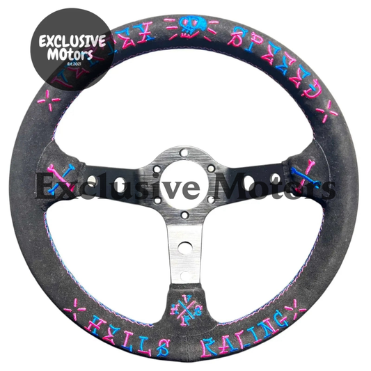 13" (320mm) VX Speed Racing Suede Pink Blue Stitch Steering Wheel