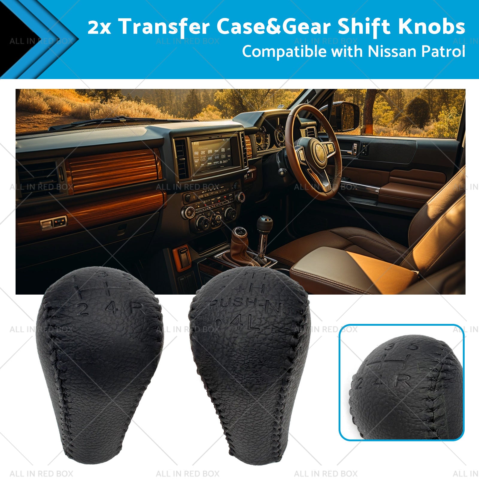 Black 2x Leather Transfer Case and Gear Shift Knobs Suitable for Nissan Patrol GQ GU-0