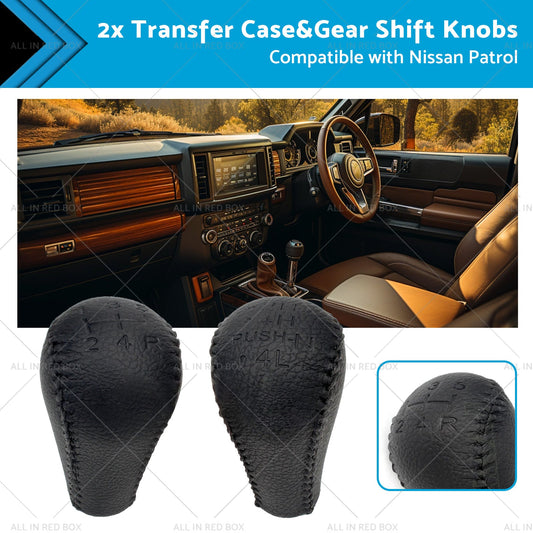 Black 2x Leather Transfer Case and Gear Shift Knobs Suitable for Nissan Patrol GQ GU-0