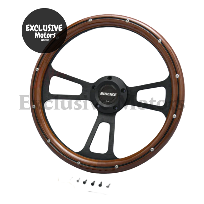 5-Bolt Vintage Mahogany Wood Steering Wheel with Black Stripe & Black Spokes