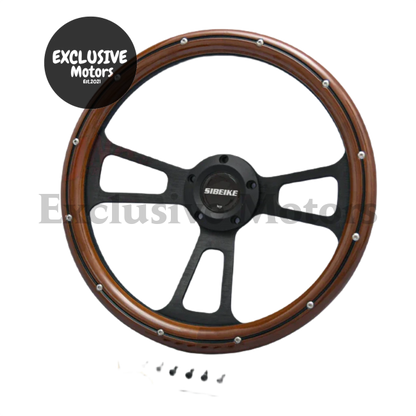 5-Bolt Vintage Mahogany Wood Steering Wheel with Black Stripe & Black Spokes