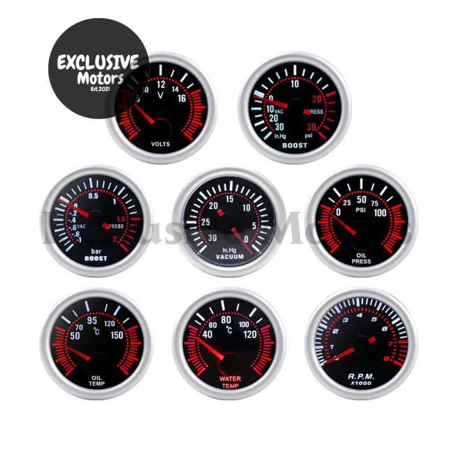 2" 52mm Boost Gauge PSI/BAR, Vacuum, Water Temp, Oil Temp, Tachometer, Voltmeter