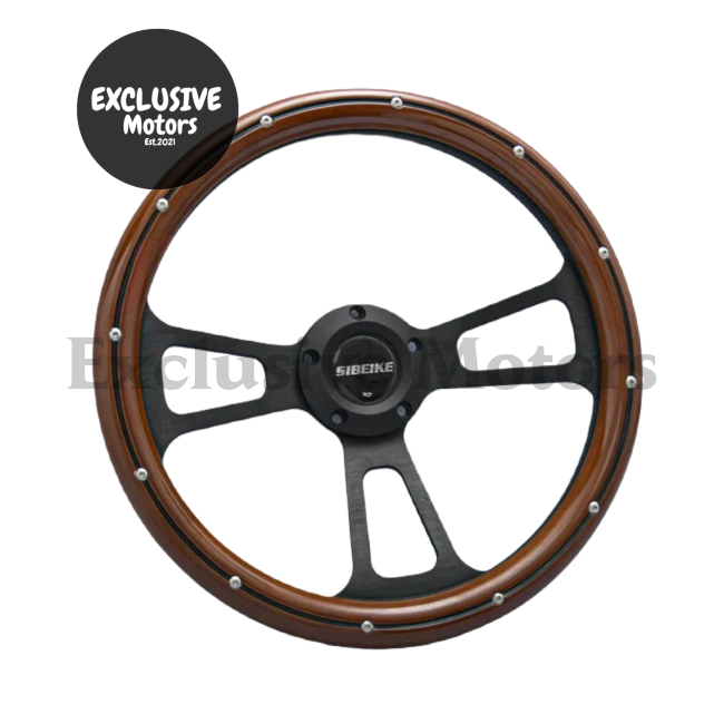 5-Bolt Vintage Mahogany Wood Steering Wheel with Black Stripe & Black Spokes