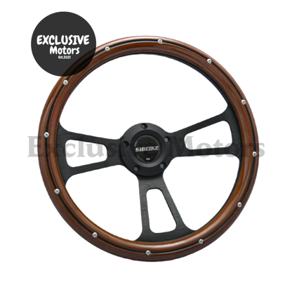 5-Bolt Vintage Mahogany Wood Steering Wheel with Black Stripe & Black Spokes