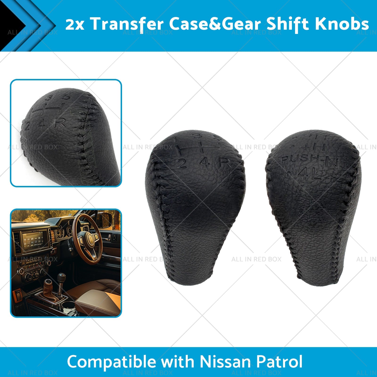 Black 2x Leather Transfer Case and Gear Shift Knobs Suitable for Nissan Patrol GQ GU-1