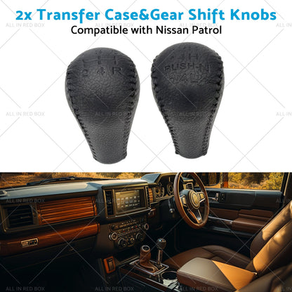 Black 2x Leather Transfer Case and Gear Shift Knobs Suitable for Nissan Patrol GQ GU-4