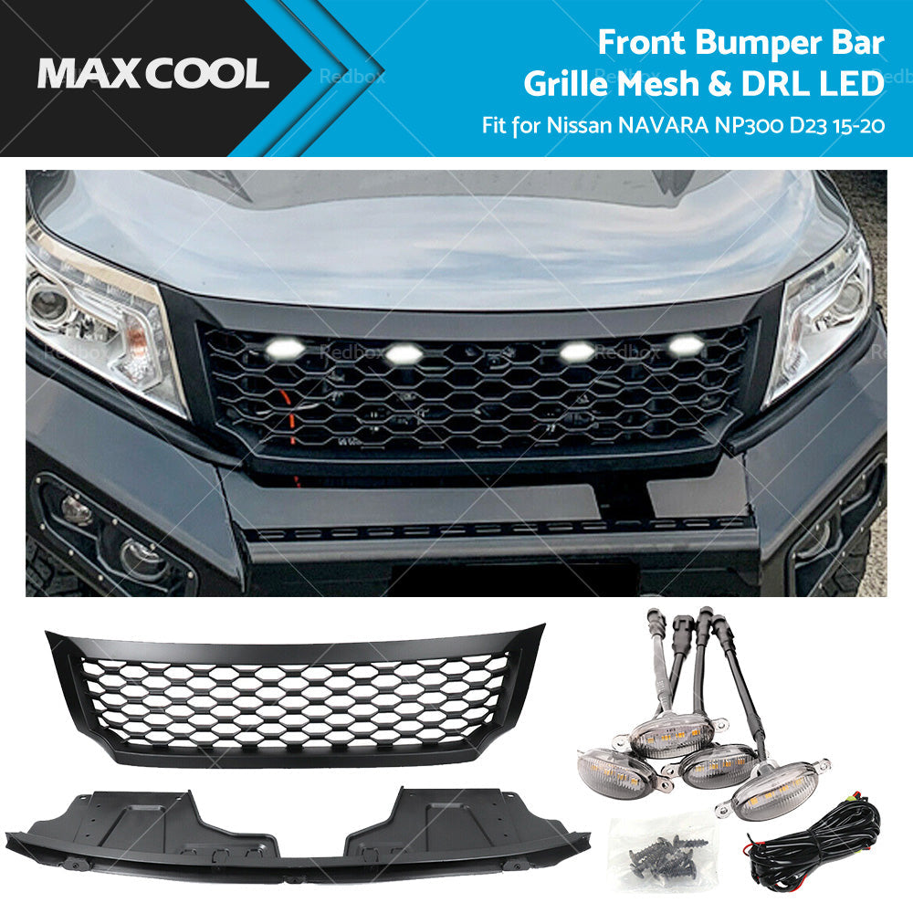 Black Bumper Bar Grille Mesh  and  LED Light Fits for Nissan NAVARA NP300 D23 15-20-1