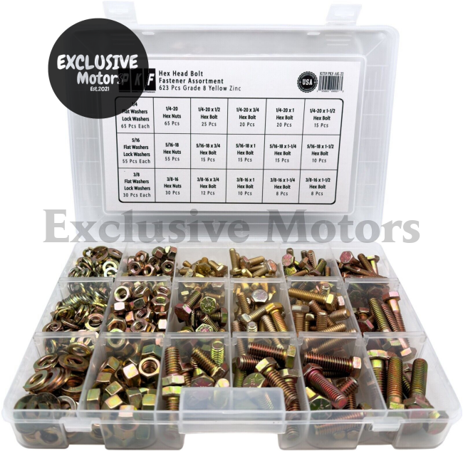 Grade 8 Hex Head Bolts Washer & Nut Assortment - Yellow Zinc (623 Pieces)