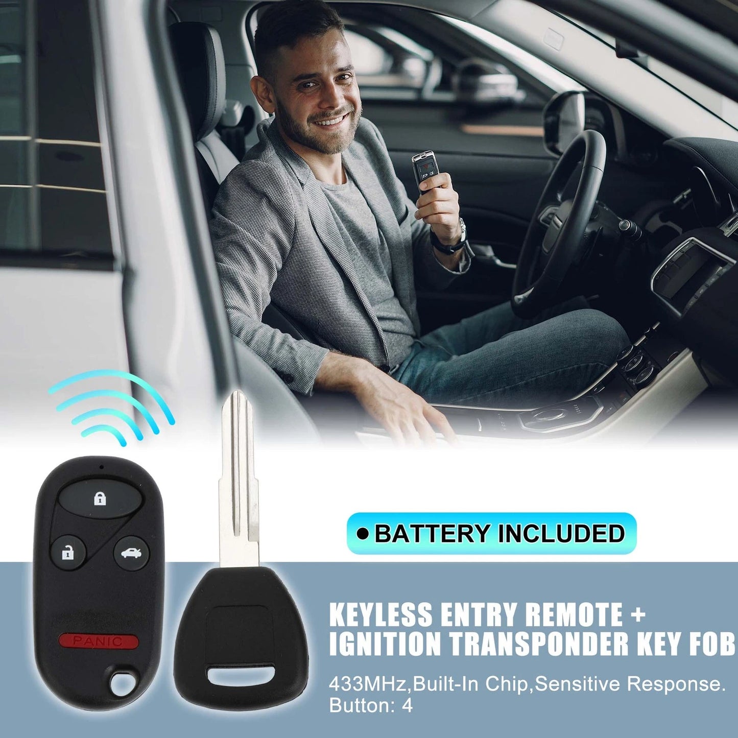 433MHz Keyless Entry Remote Ignition Transponder Key Fob for Honda Civic, Accord